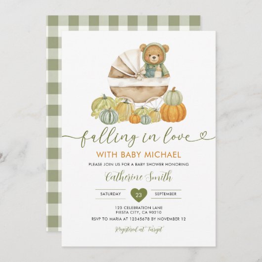 Invitation Tomber amoureux Ours Citrouille Baby shower En vic (Devant / Derrière)