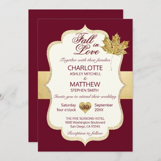 Invitation TOMBER DANS L'AMOUR Automne Bourgogne Mariage feui (Devant / Derrière)