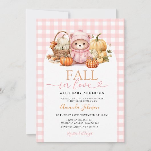 Invitation Tomber dans l'amour Ours rose dans le Baby shower  (Devant)