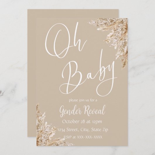 Invitation Tonalité neutre Boho Pampas Révélation de genre (Devant / Derrière)