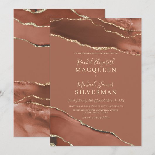 Invitation Tone Terre Terracotta Gold Agate Marbre Mariage (Devant / Derrière)