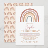 Invitation Tones Mutées Boho Rainbow Girls 1er anniversaire (Devant / Derrière)