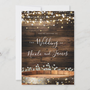 Invitation Tonneau en bois rustique et lumières Mariage Glam 
