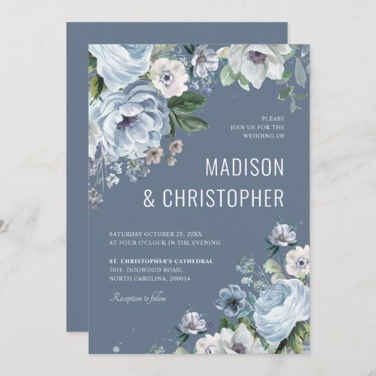 Invitation Tons de gris bleu foncé hiver Mariage rustique (Devant / Derrière)