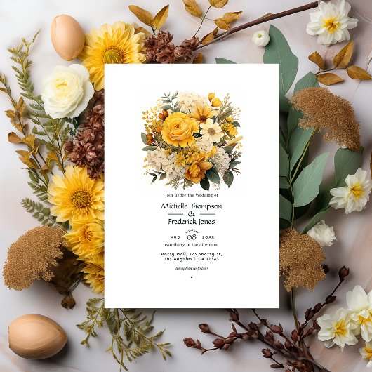 Invitation Tons de la Terre et Mariage Floral Jaune Canari