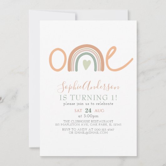 Invitation Tons Muets Pastel Boho Arc-en-ciel 1er anniversair (Devant)