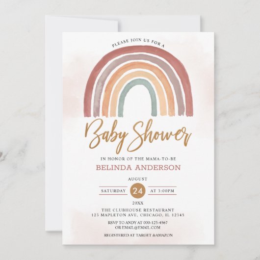 Invitation Tons Muets Pastel Boho Baby shower arc-en-ciel (Devant)