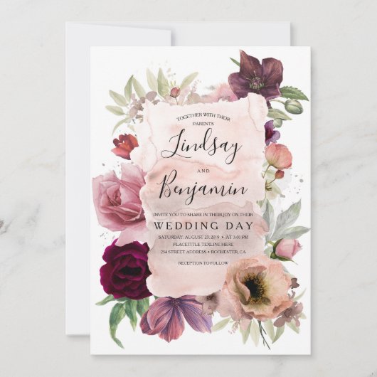 Invitation Tons Terre Bourgogne Floral Vintage Mariage (Devant)