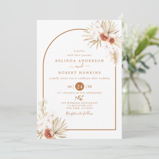 Invitation  Tons Terres Rose Boho Pampas Mariage Grass Invit (Debout devant)