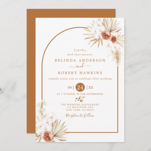 Invitation  Tons Terres Rose Boho Pampas Mariage Grass Invit (Devant / Derrière)