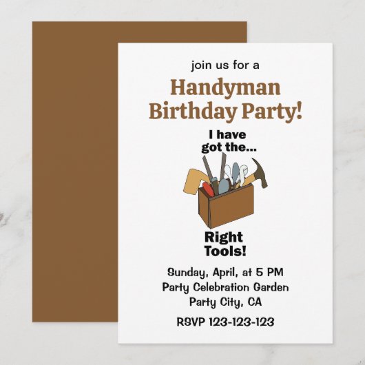 Invitation Toolbox I Have Got Right Tools Handyman Birthday (Devant / Derrière)