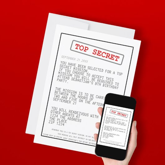 Invitation Top Secret Agent spécial Spy Surprise Party