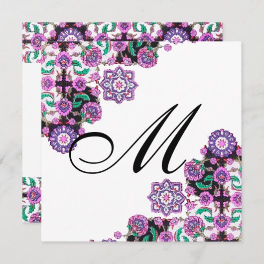 Invitation TOPKAPI BLACK WHITE DAMASK MONOGRAM rose argent (Devant / Derrière)