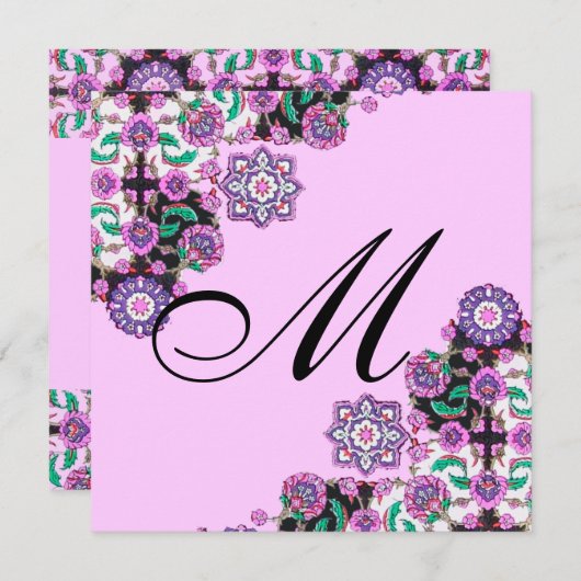 Invitation TOPKAPI BLACK WHITE DAMASK MONOGRAM rose argent (Devant / Derrière)