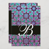 Invitation TOPKAPI BLUE BLACK DAMASK MONOGRAM rose vert (Devant / Derrière)