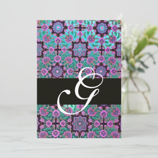 Invitation TOPKAPI BLUE BLACK DAMASK MONOGRAM rose vert (Debout devant)