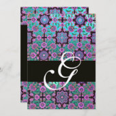 Invitation TOPKAPI BLUE BLACK DAMASK MONOGRAM rose vert (Devant / Derrière)
