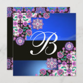 Invitation TOPKAPI BLUE BLACK DAMASK MONOGRAM rose violet (Devant / Derrière)