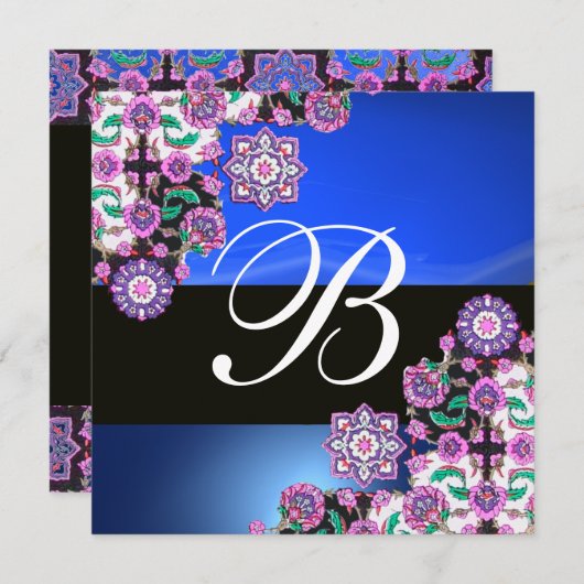 Invitation TOPKAPI BLUE BLACK DAMASK MONOGRAM rose violet (Devant / Derrière)