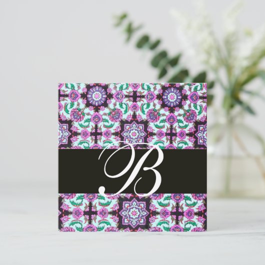 Invitation TOPKAPI DAMASK MONOGRAS noir rose bleu vert (Debout devant)