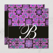 Invitation TOPKAPI PURPLE BLACK DAMASK MONOGRAM rose vert (Devant / Derrière)