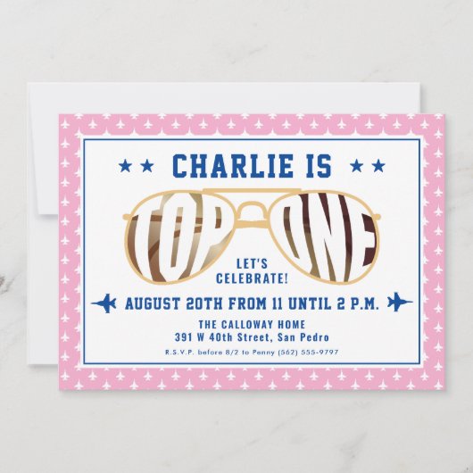 Invitation TopOne Rose Pilote de combat thème premier anniver (Devant)