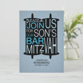 Invitation Torah Bar Mitzvah moderne Gris et Bleu (Debout devant)