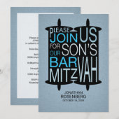 Invitation Torah Bar Mitzvah moderne Gris et Bleu (Devant / Derrière)