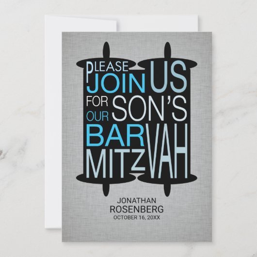 Invitation Torah Bar Mitzvah moderne Gris et Bleu (Devant)