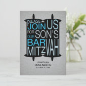 Invitation Torah Bar Mitzvah moderne Gris et Bleu (Debout devant)