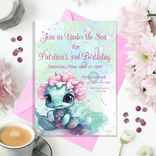 Invitation Tortue 3e anniversaire, sous la mer