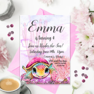 Invitation Tortue 4e anniversaire, sous la mer