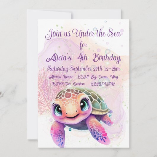 Invitation Tortue 4e anniversaire, sous la mer (Devant)