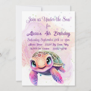 Invitation Tortue 4e anniversaire, sous la mer