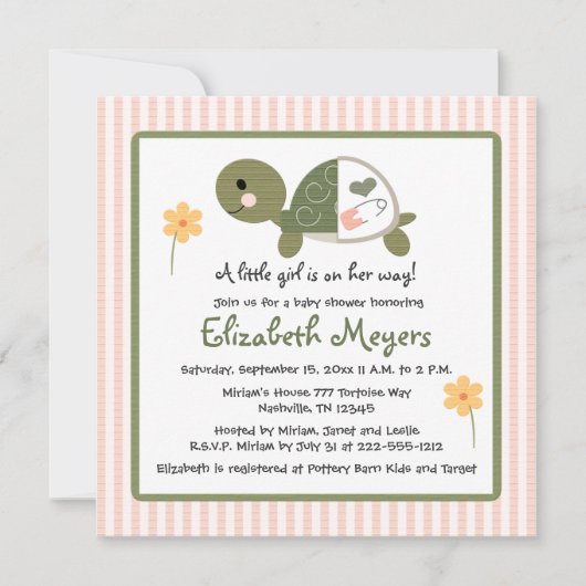 Invitation Tortue dans le rose d'invitations de baby shower (Devant)