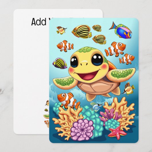Invitation Tortue de mer Bébé heureux et mignonne personnage (Devant / Derrière)