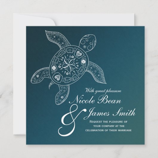 Invitation Tortue de Mer Hawaïenne Blanche sur Mariage de Pla (Devant)