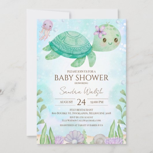Invitation Tortue de mer sous le Baby shower marin (Devant)