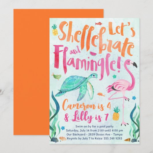 Invitation Tortue et Flamant rose Anniversaire Fête Invitatio (Devant / Derrière)