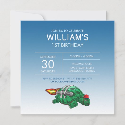 Invitation Tortue Fusée Anniversaire (Devant)