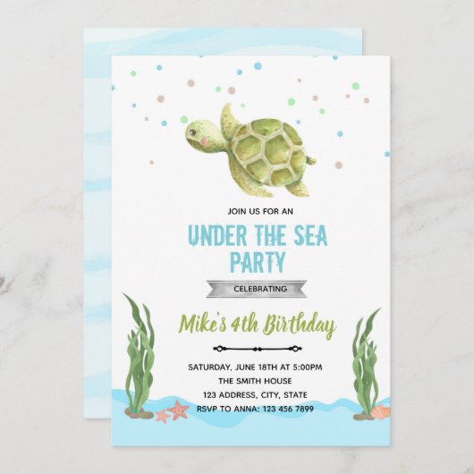 Invitation tortue garçon sous la mer (Devant / Derrière)