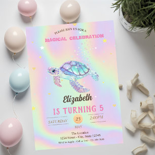 Invitation Tortue Pailletée Été Anniversaire Holographique