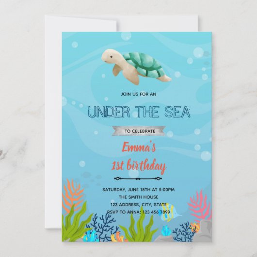 Invitation Tortue sous l'invitation d'anniversaire de la mer (Devant)