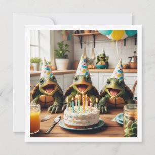 Invitation Tortues célébrant l'anniversaire avec gâteau et ca