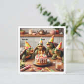 Invitation Tortues célébrant l'anniversaire avec gâteau et ca (Debout devant)