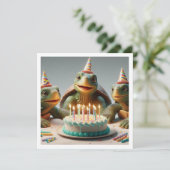 Invitation Tortues célébrant l'anniversaire avec gâteau et ca (Debout devant)