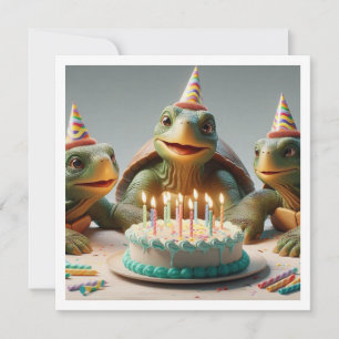 Invitation Tortues célébrant l'anniversaire avec gâteau et ca
