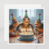 Invitation Tortues célébrant l'anniversaire avec gâteau et ca (Devant / Derrière)