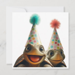 Invitation Tortues célébrant un anniversaire avec gâteau et c