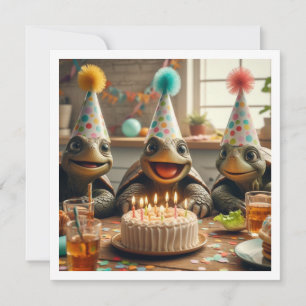 Invitation Tortues célébrant un anniversaire avec gâteau et c